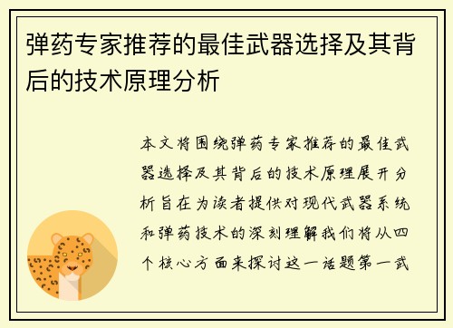 弹药专家推荐的最佳武器选择及其背后的技术原理分析